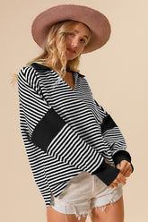 BiBi Women's Striped Contrast Long Sleeve Knit Top - Stylish and Versatile